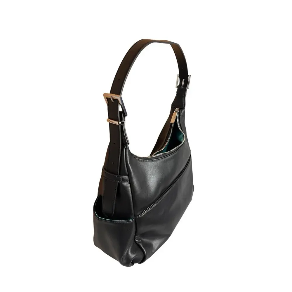 White Elm Camille Hobo Bag Black Shimmer Aqua Lining Silver Hardware NWOT